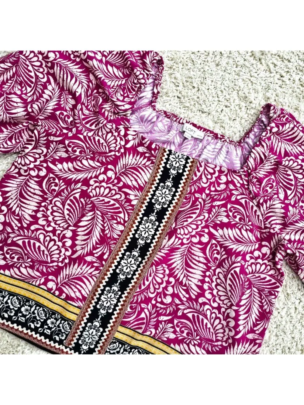 LOFT Brand Petite Palm Bubble Sleeve Square Neck Blouse Magenta/Multi Size LP